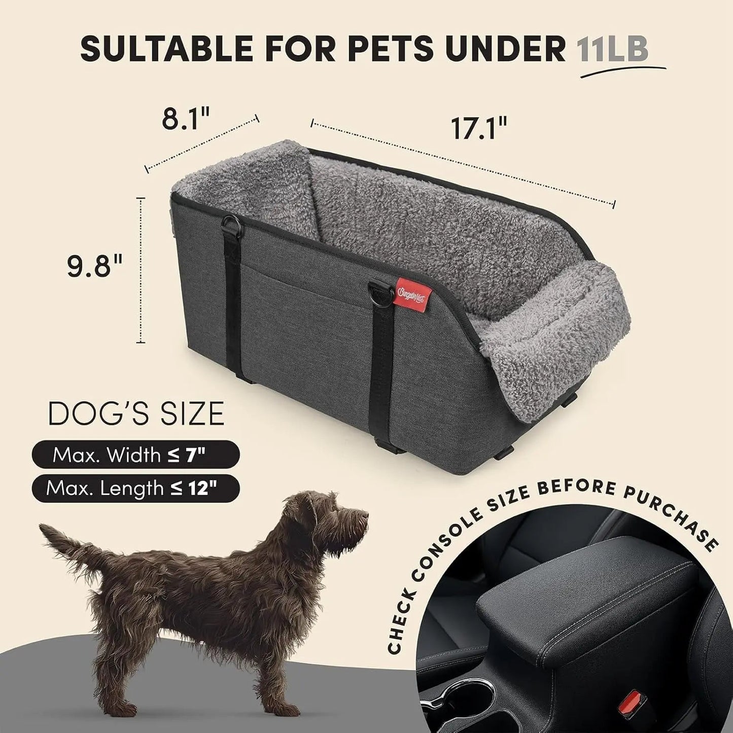 Console Dog Car Seat for Small Dogs – Portable Booster with Plush Cushion