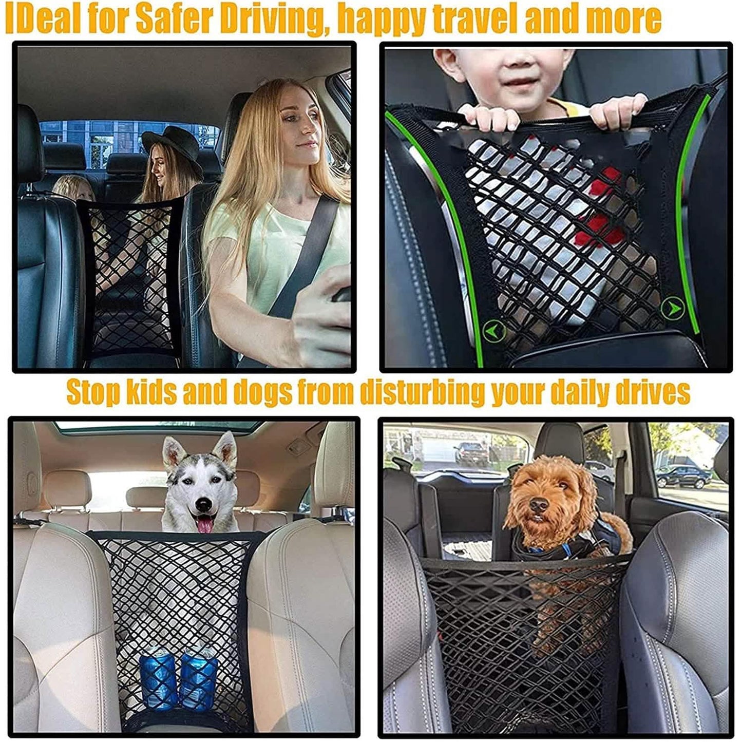 Car Pet Barrier & Seat Organizer – Mesh Storage with Safety Hooks