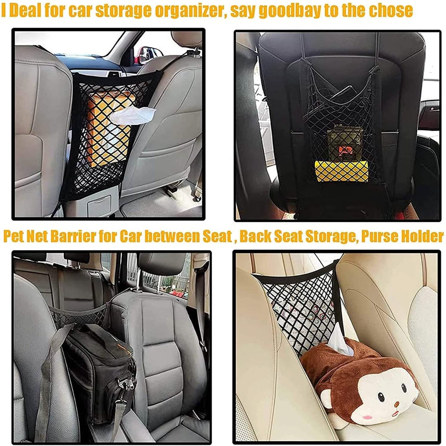 Car Pet Barrier & Seat Organizer – Mesh Storage with Safety Hooks